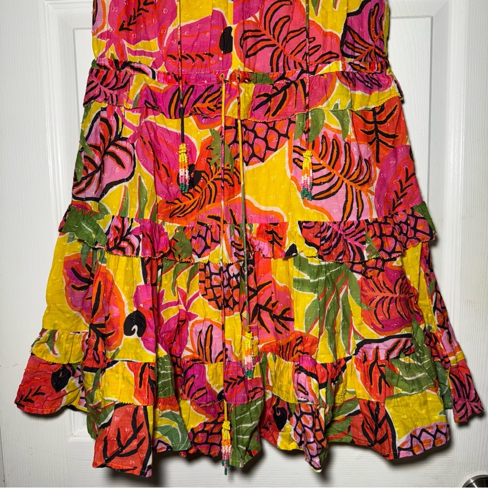 Farm Rio • Ruffle Mini Dress • Yellow Fruit Dream • XS • Beaded Tassels • $180 - Picture 4 of 14